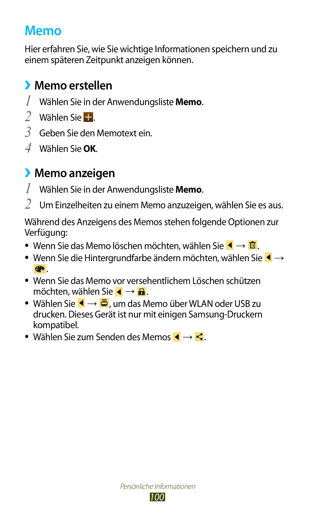 Samsung GT-P5100ZWEATO, GT-P5100ZWAVD2, GT-P5100TSEAUT, GT-P5100TSATMN, GT-P5100TSAXEO ››Memo erstellen, ››Memo anzeigen 