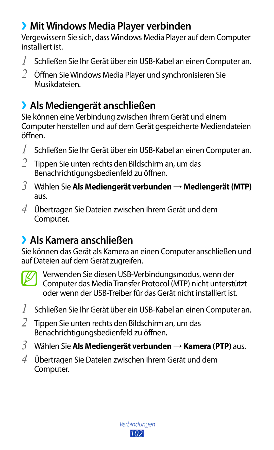 Samsung GT-P5100TSEAUT ››Mit Windows Media Player verbinden, ››Als Mediengerät anschließen, ››Als Kamera anschließen, 102 