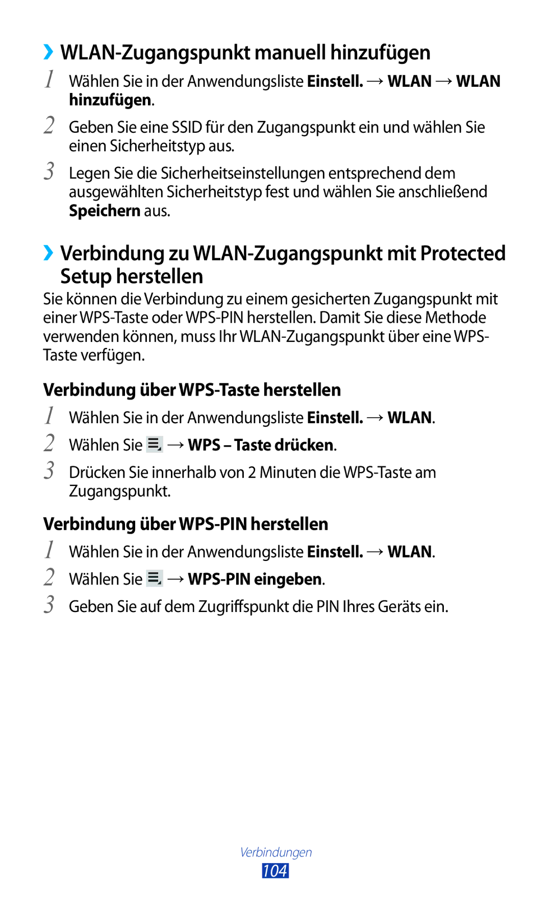 Samsung GT-P5100TSAXEO manual ››WLAN-Zugangspunkt manuell hinzufügen, Setup herstellen, 104, Wählen Sie →WPS Taste drücken 