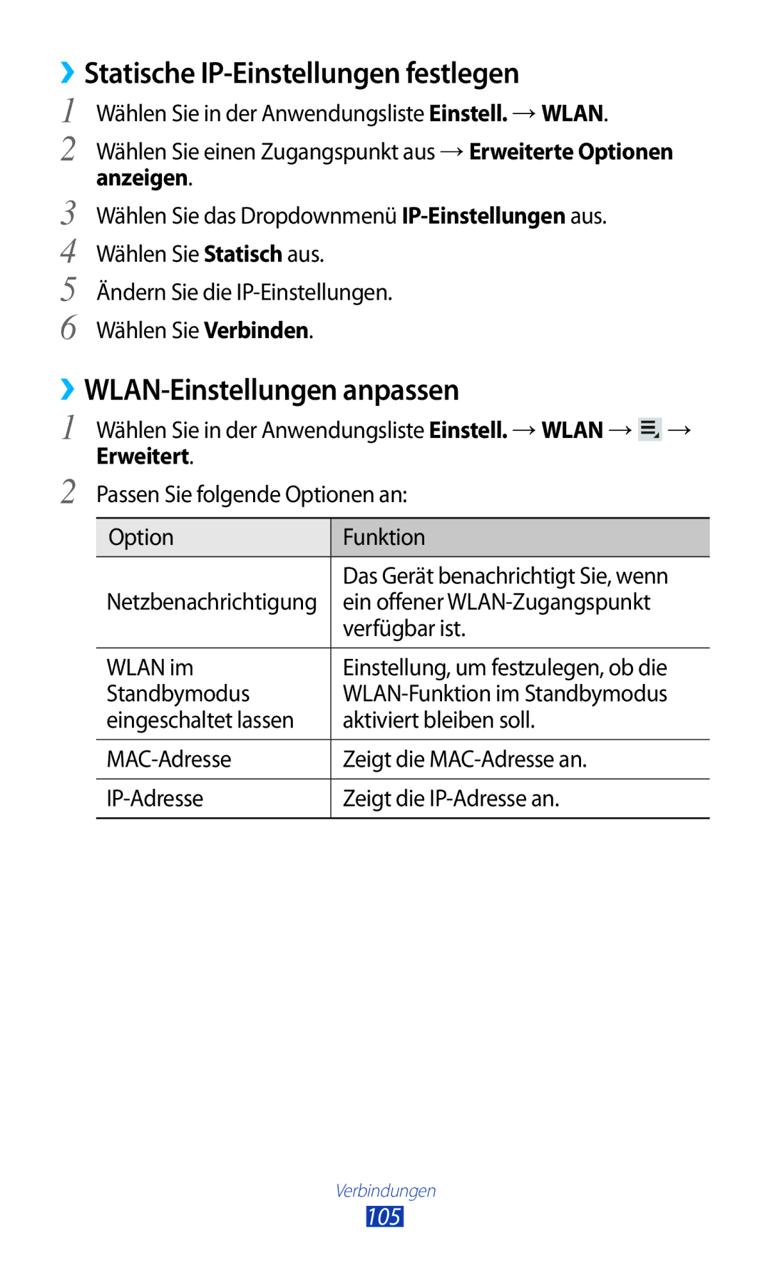 Samsung GT-P5100ZWAITV, GT-P5100ZWEATO manual ››Statische IP-Einstellungen festlegen, ››WLAN-Einstellungen anpassen, 105 