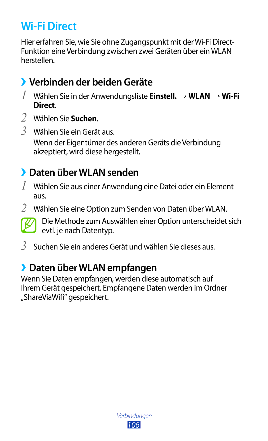 Samsung GT-P5100TSAEUR Wi-Fi Direct, ››Verbinden der beiden Geräte, ››Daten über Wlan senden, ››Daten über Wlan empfangen 