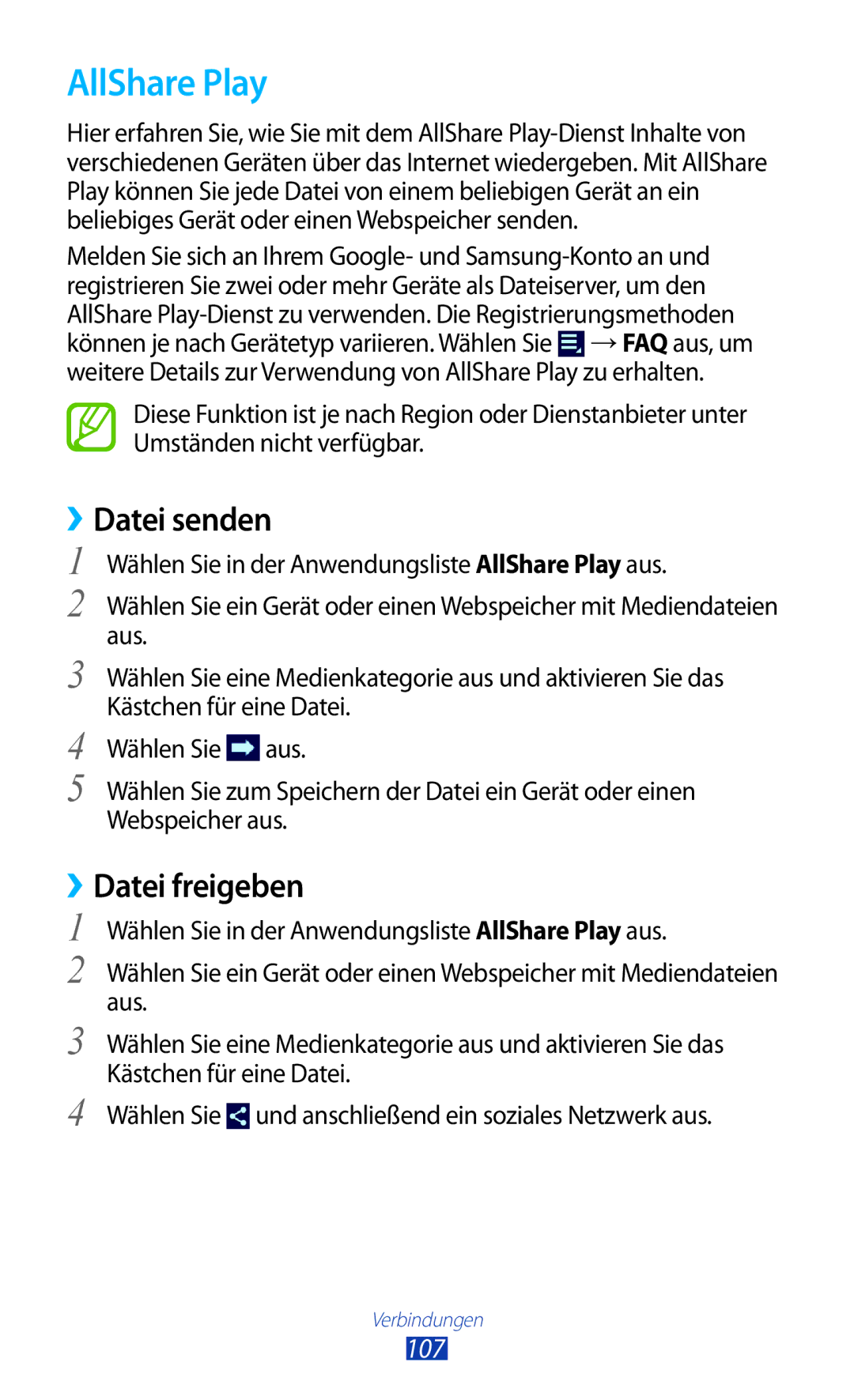 Samsung GT-P5100TSADTM, GT-P5100ZWEATO, GT-P5100ZWAVD2, GT-P5100TSEAUT AllShare Play, ››Datei senden, ››Datei freigeben, 107 