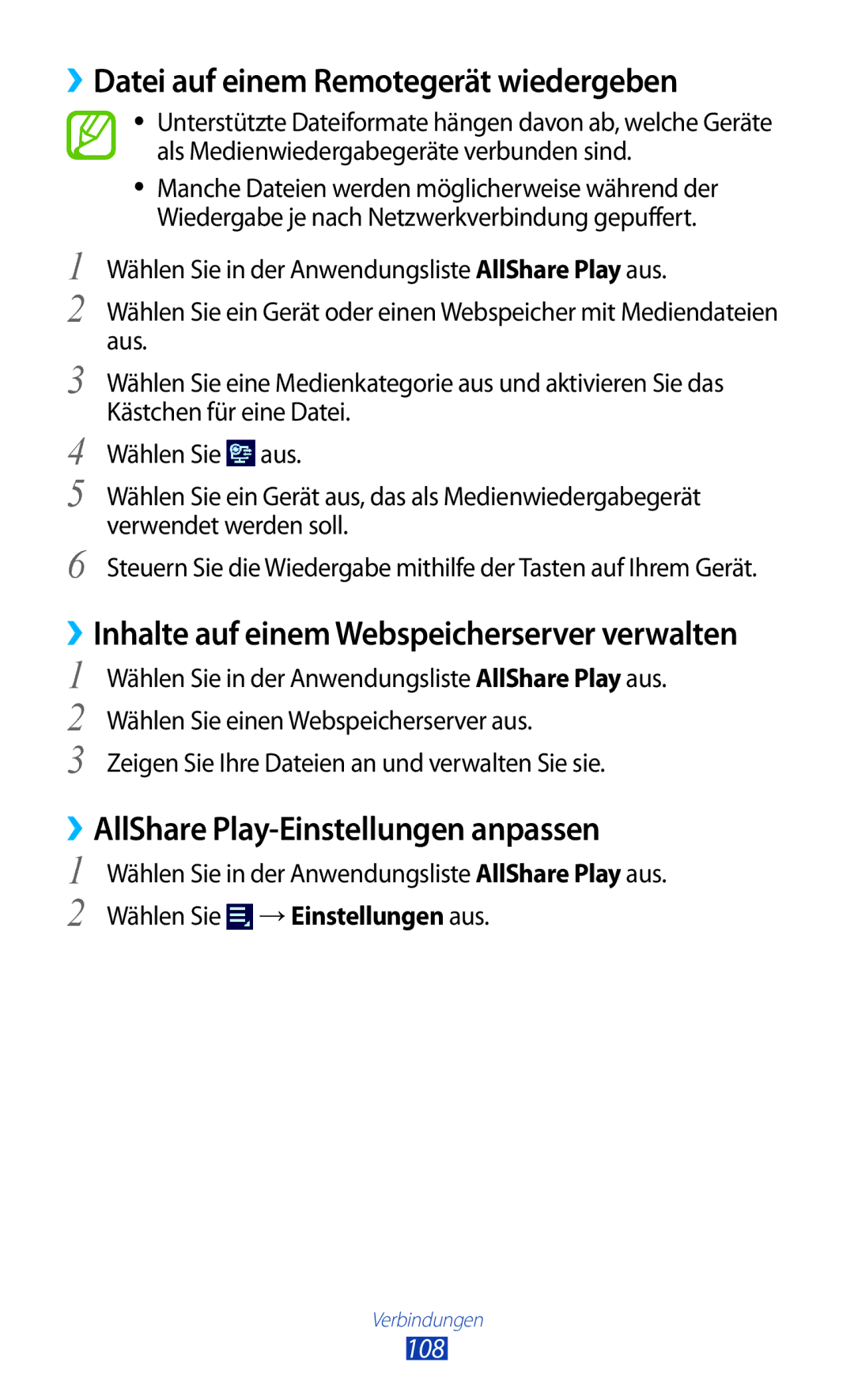 Samsung GT-P5100TSAATO manual ››Datei auf einem Remotegerät wiedergeben, ››AllShare Play-Einstellungen anpassen, 108 
