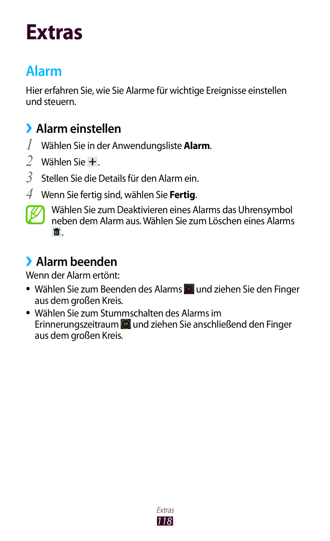 Samsung GT-P5100TSAMAX ››Alarm einstellen, ››Alarm beenden, 118, Wählen Sie in der Anwendungsliste Alarm. Wählen Sie 