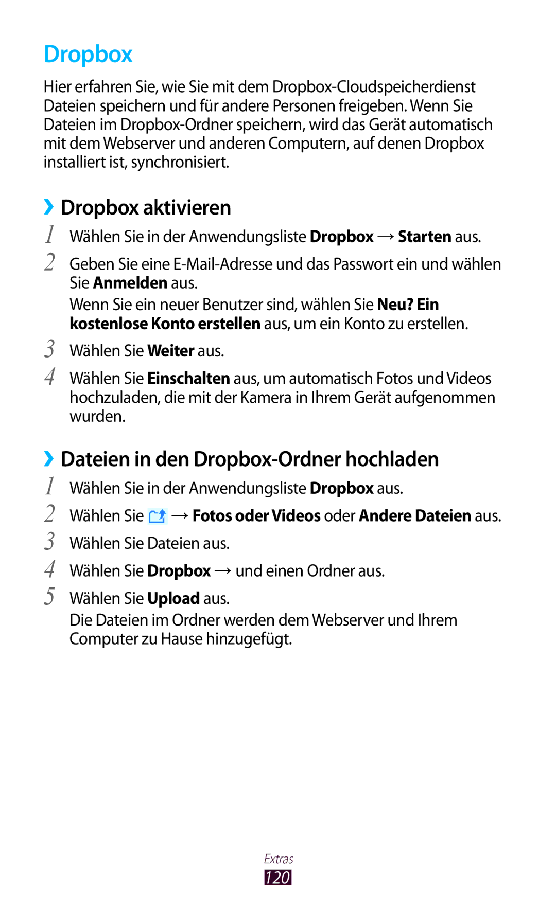 Samsung GT-P5100TSATPL, GT-P5100ZWEATO manual ››Dropbox aktivieren, ››Dateien in den Dropbox-Ordner hochladen, 120 