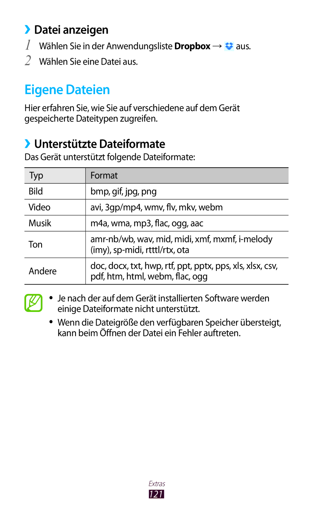 Samsung GT-P5100ZWADTM, GT-P5100ZWEATO, GT-P5100ZWAVD2 Eigene Dateien, ››Datei anzeigen, ››Unterstützte Dateiformate, 121 