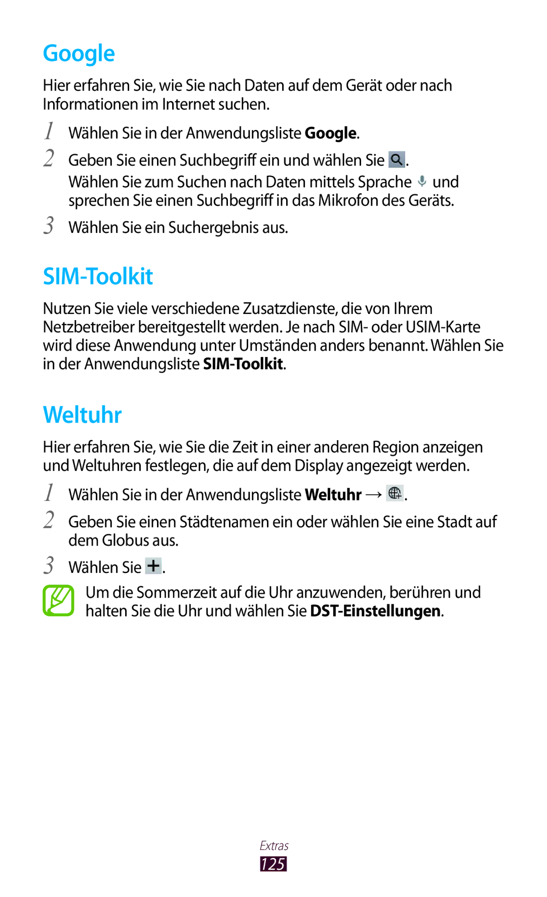 Samsung GT-P5100ZWEATO, GT-P5100ZWAVD2, GT-P5100TSEAUT, GT-P5100TSATMN, GT-P5100TSAXEO manual Google, SIM-Toolkit, Weltuhr, 125 