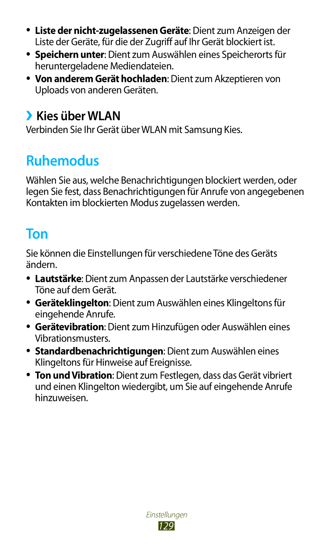 Samsung GT-P5100TSAXEO manual Ruhemodus, Ton, ››Kies über Wlan, 129, Verbinden Sie Ihr Gerät über Wlan mit Samsung Kies 