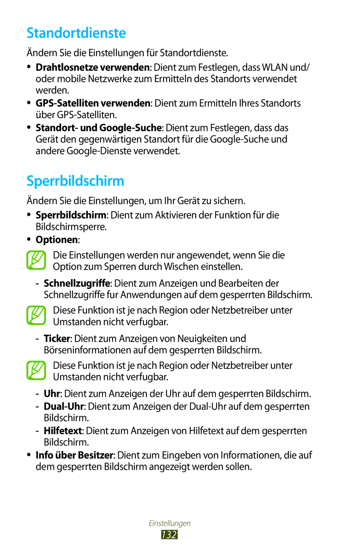 Samsung GT-P5100TSADTM, GT-P5100ZWEATO, GT-P5100ZWAVD2, GT-P5100TSEAUT manual Standortdienste, Sperrbildschirm, 132, Optionen 