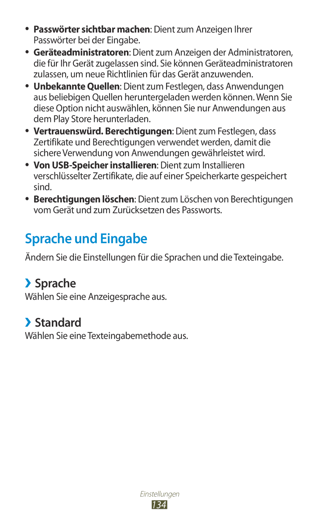 Samsung GT-P5100GRADBT manual Sprache und Eingabe, ››Sprache, ››Standard, 134, Wählen Sie eine Texteingabemethode aus 