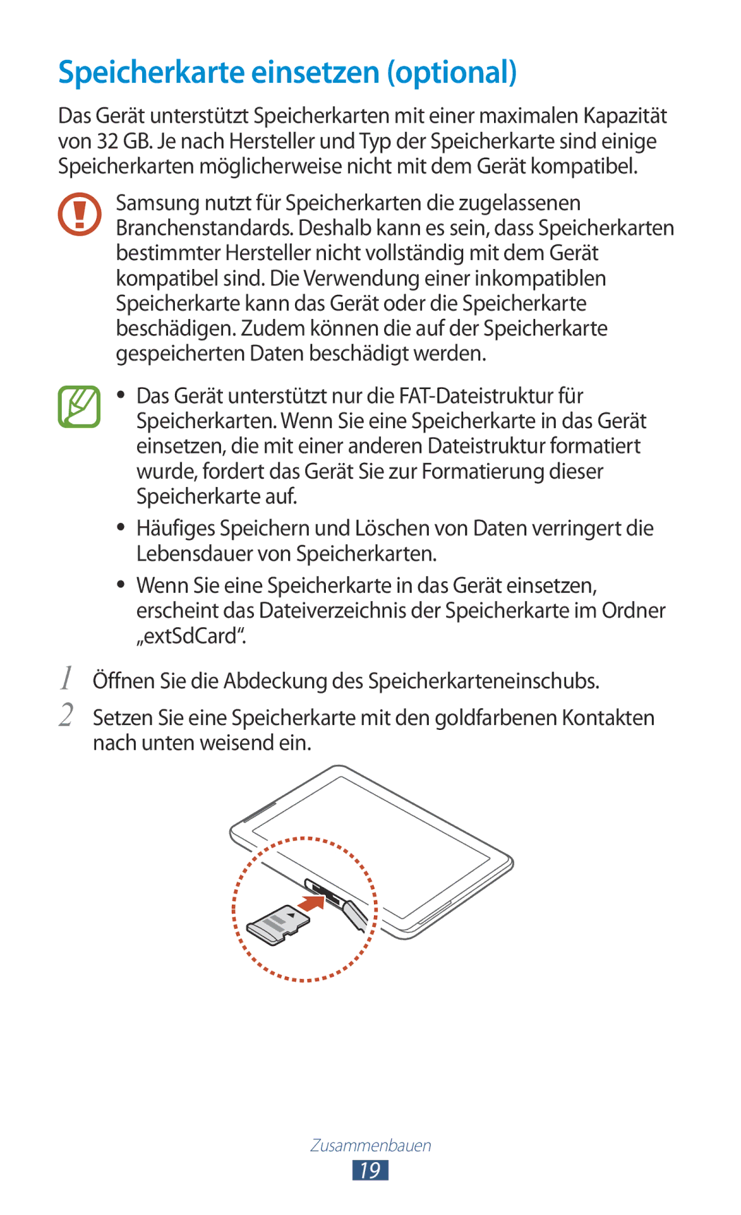 Samsung GT-P5100TSADBT, GT-P5100ZWEATO, GT-P5100ZWAVD2, GT-P5100TSEAUT, GT-P5100TSATMN manual Speicherkarte einsetzen optional 