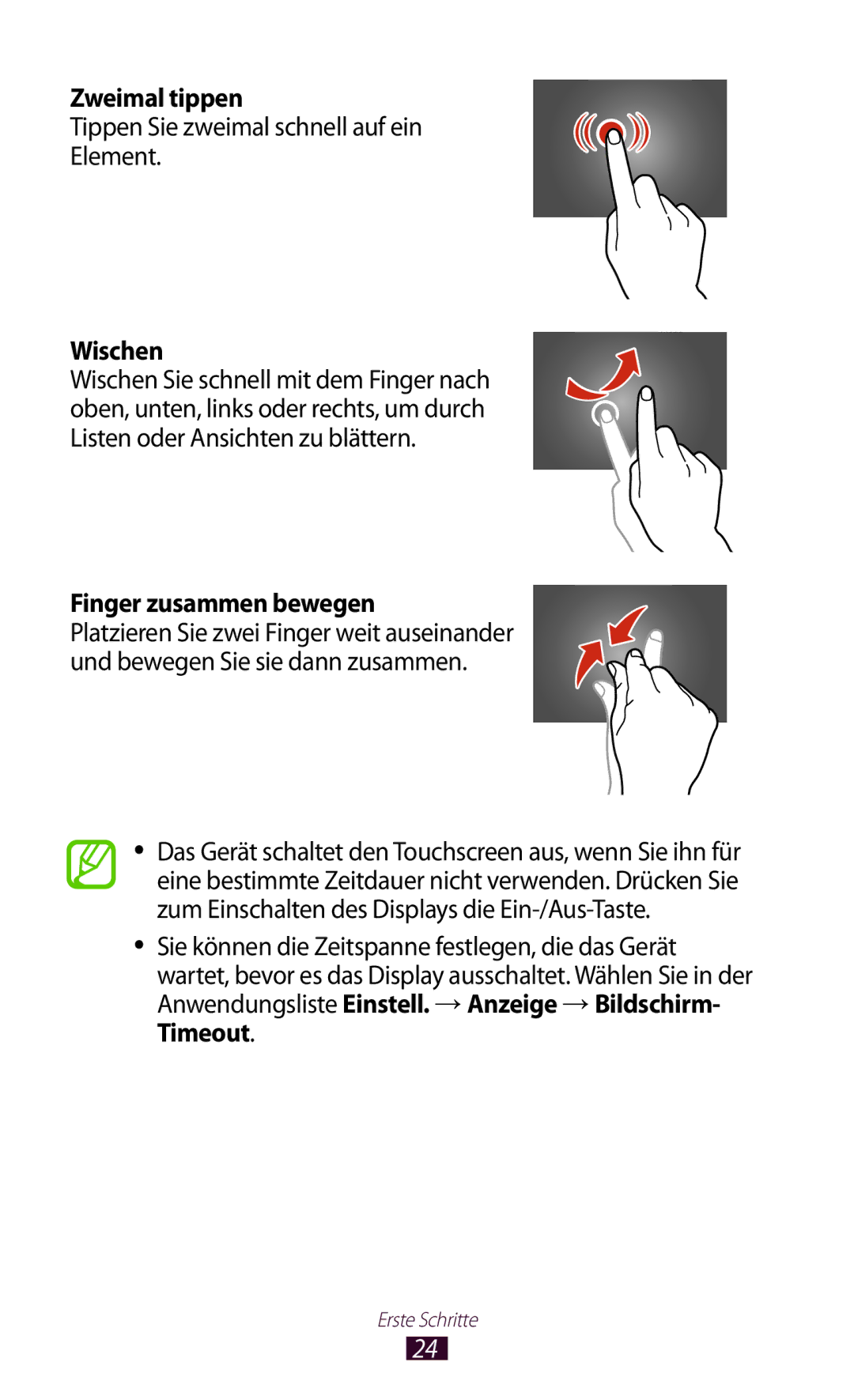 Samsung GT-P5100ZWEDBT manual Zweimal tippen, Tippen Sie zweimal schnell auf ein Element, Wischen, Finger zusammen bewegen 