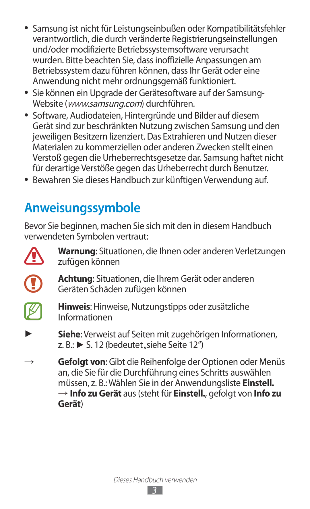 Samsung GT-P5100TSATMN, GT-P5100ZWEATO manual Anweisungssymbole, Bewahren Sie dieses Handbuch zur künftigen Verwendung auf 