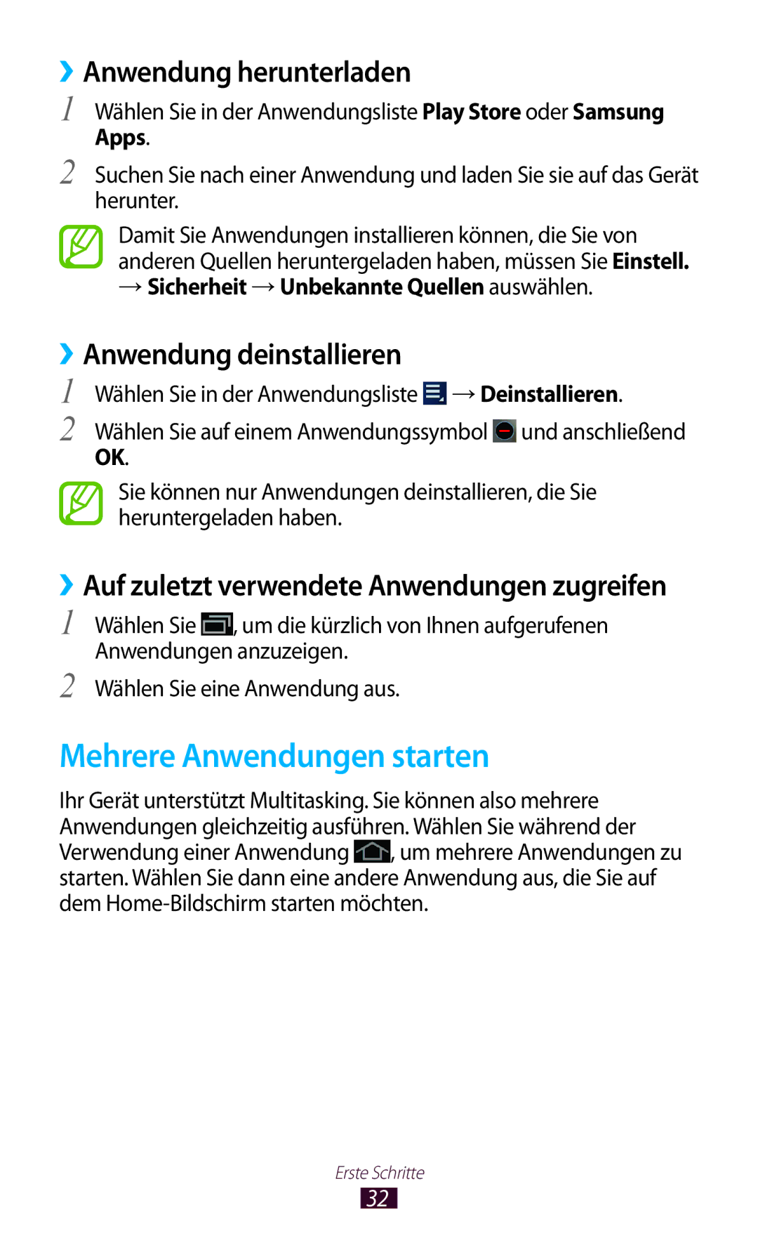 Samsung GT-P5100TSADTM, GT-P5100ZWEATO Mehrere Anwendungen starten, ››Anwendung herunterladen, ››Anwendung deinstallieren 