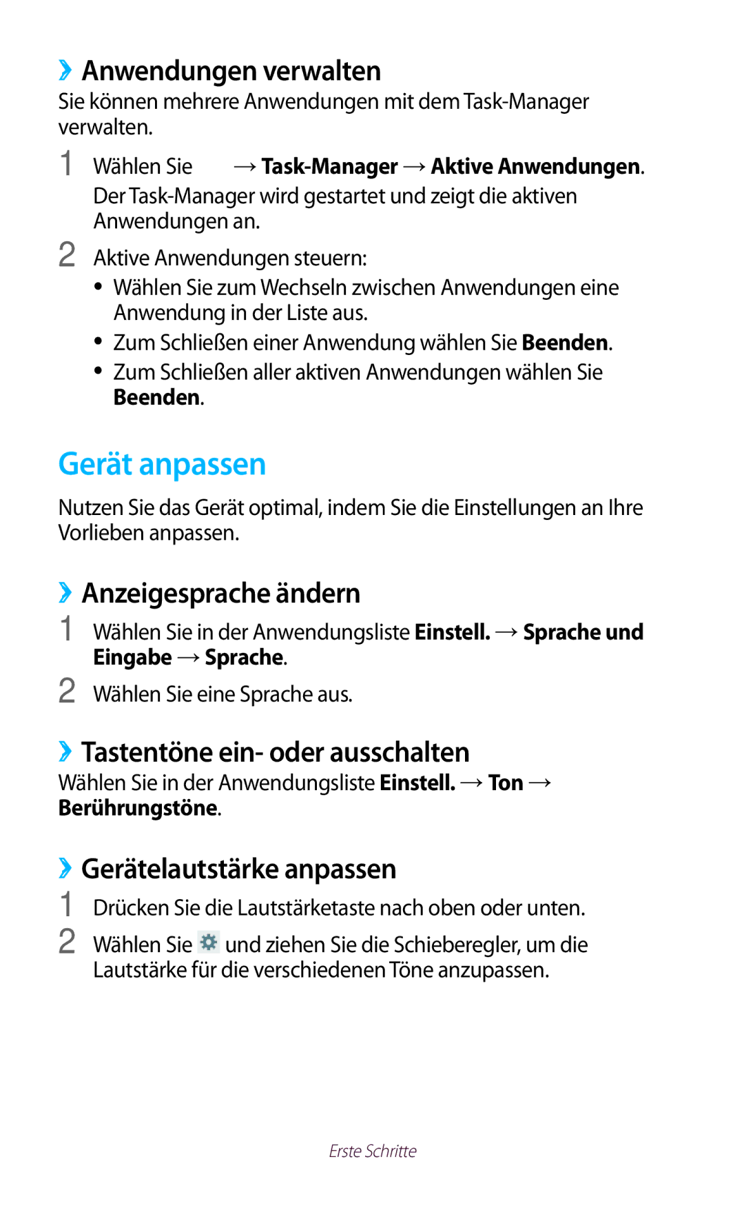 Samsung GT-P5100TSAATO manual Gerät anpassen, ››Anwendungen verwalten, ››Anzeigesprache ändern, ››Gerätelautstärke anpassen 