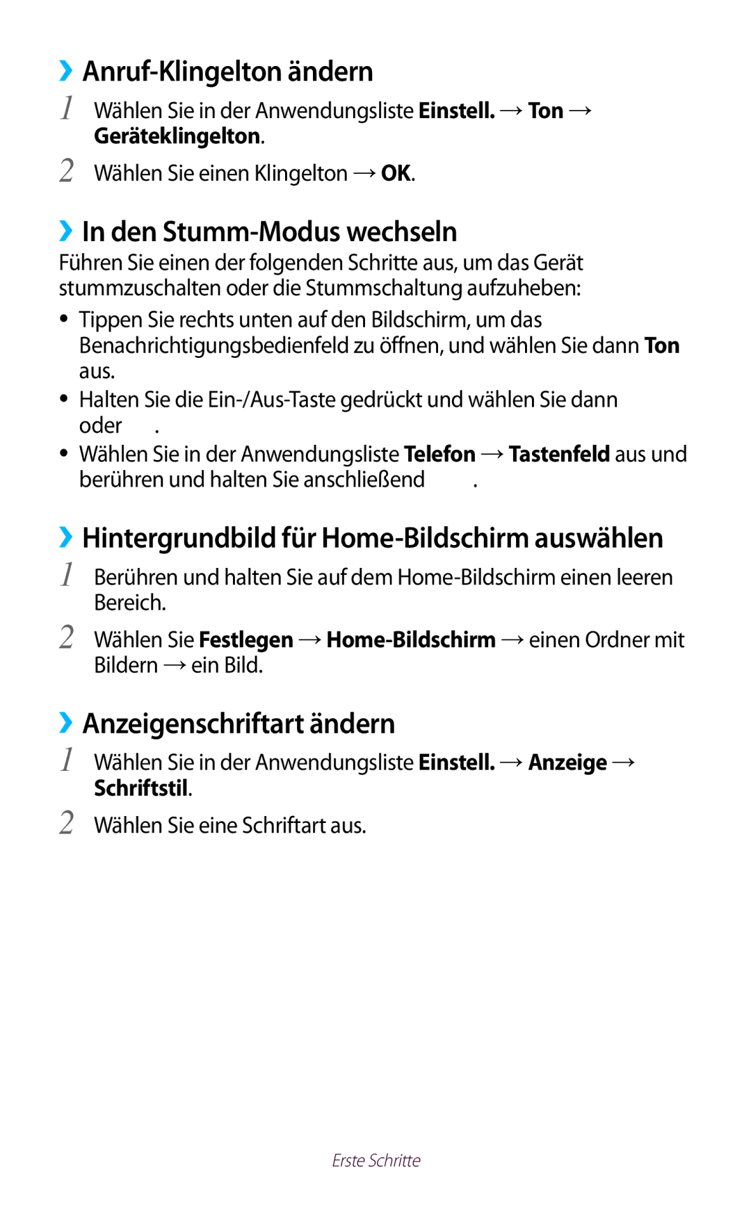 Samsung GT-P5100GRADBT manual ››Anruf-Klingelton ändern, ››In den Stumm-Modus wechseln, ››Anzeigenschriftart ändern 