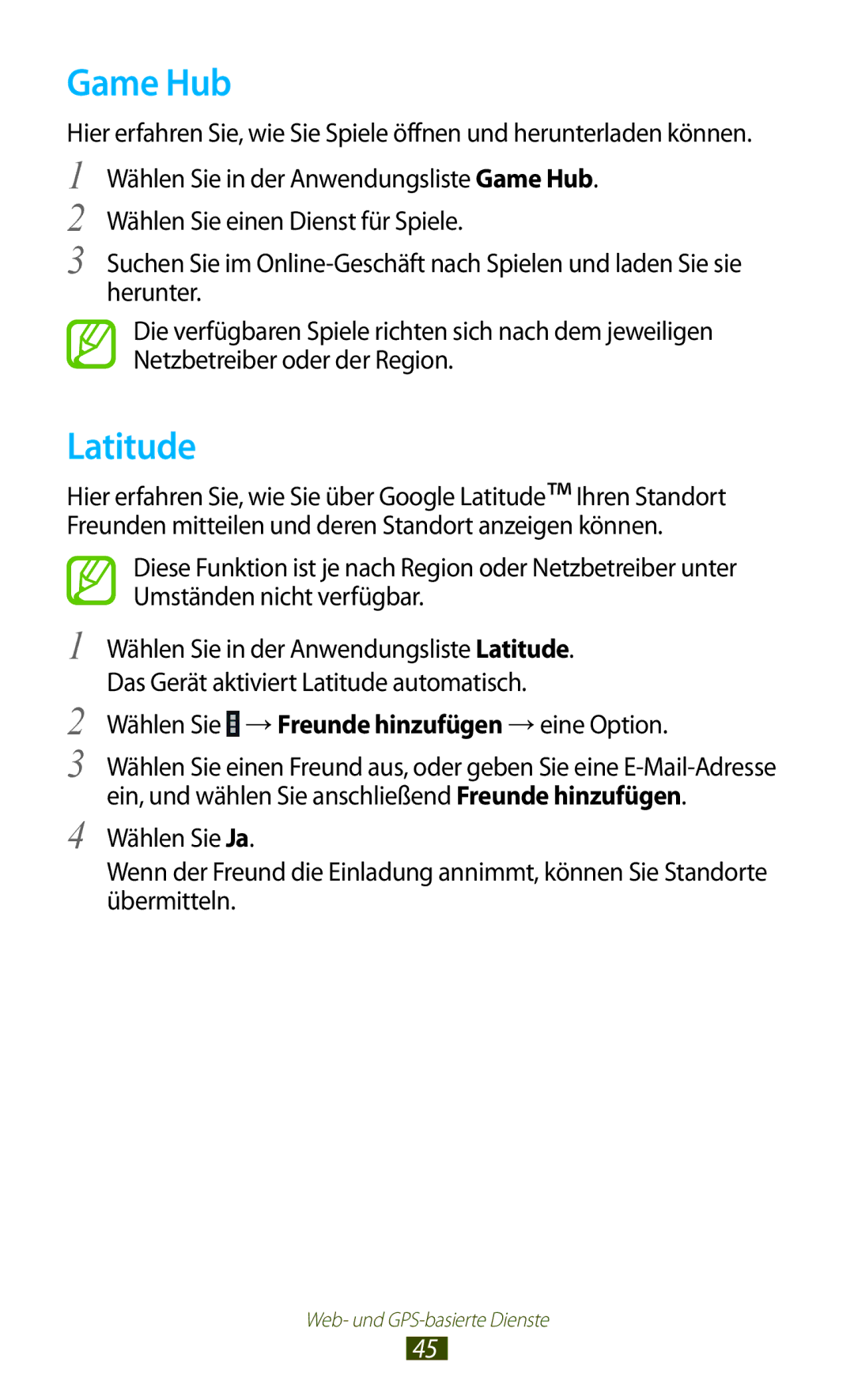 Samsung GT-P5100TSATPL, GT-P5100ZWEATO, GT-P5100ZWAVD2 manual Game Hub, Latitude, Wählen Sie →Freunde hinzufügen →eine Option 