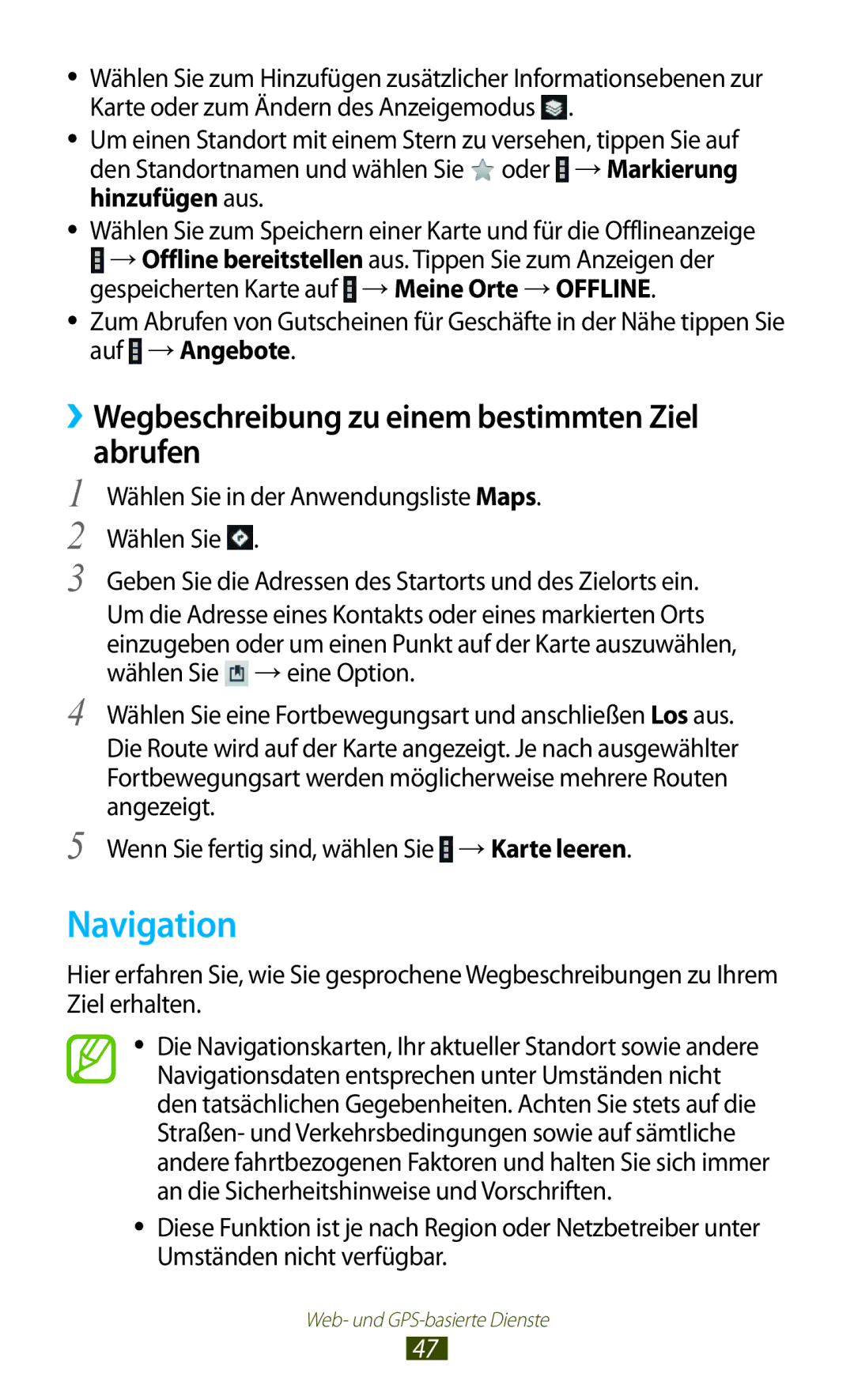 Samsung GT-P5100ZWAWIN, GT-P5100ZWEATO, GT-P5100ZWAVD2 manual Navigation, ››Wegbeschreibung zu einem bestimmten Ziel abrufen 