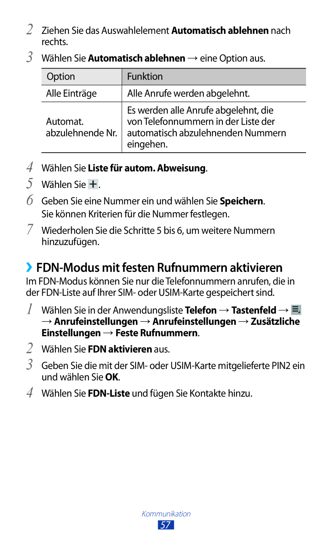 Samsung GT-P5100TSADTM manual ››FDN-Modus mit festen Rufnummern aktivieren, Automatisch abzulehnenden Nummern, Eingehen 