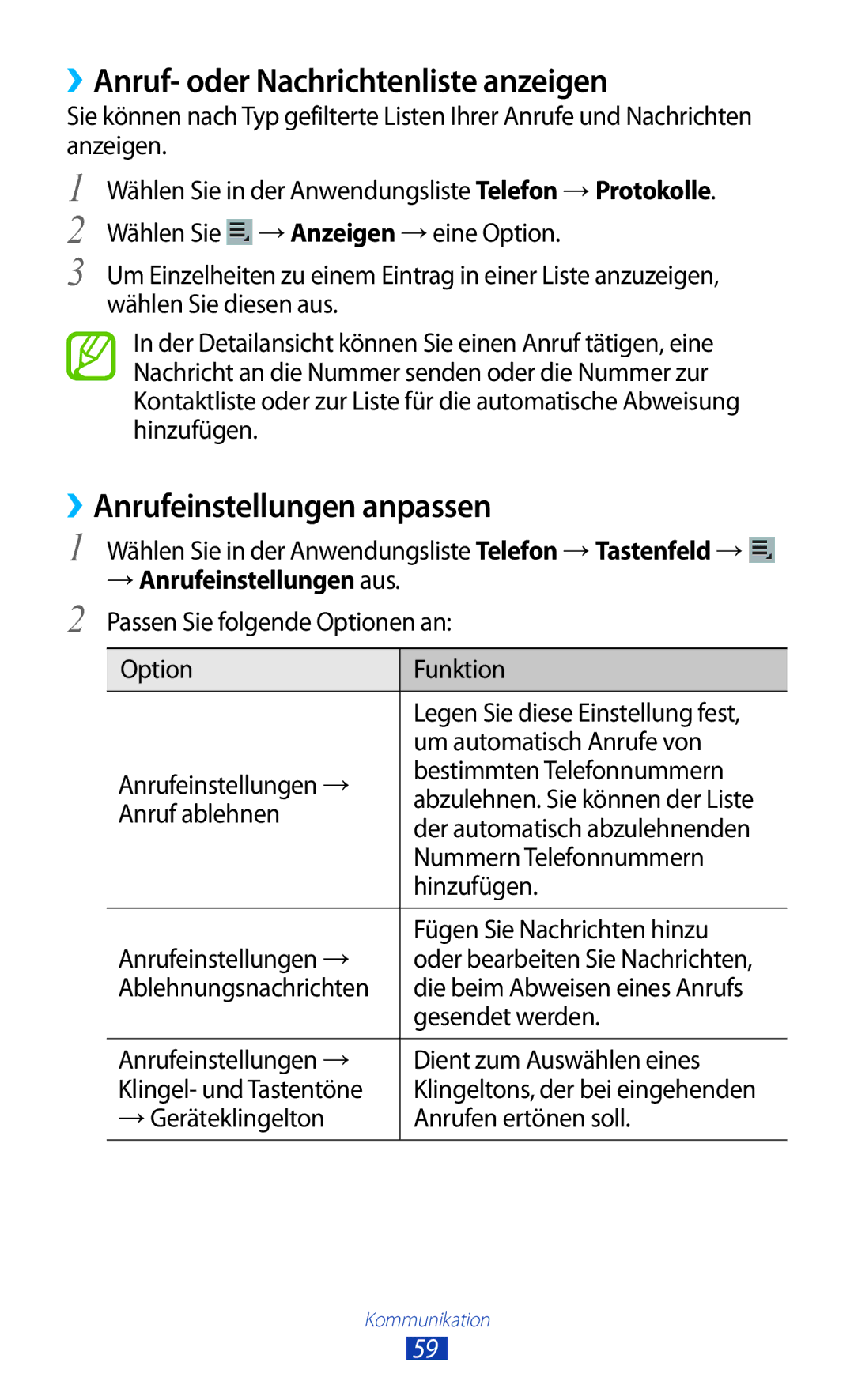 Samsung GT-P5100GRADBT ››Anruf- oder Nachrichtenliste anzeigen, ››Anrufeinstellungen anpassen, → Anrufeinstellungen aus 