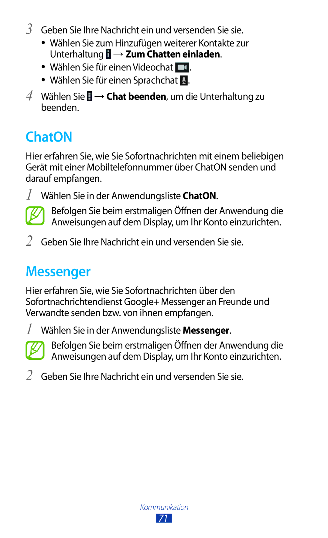 Samsung GT-P5100ZWADTM, GT-P5100ZWEATO manual ChatON, Messenger, Geben Sie Ihre Nachricht ein und versenden Sie sie 