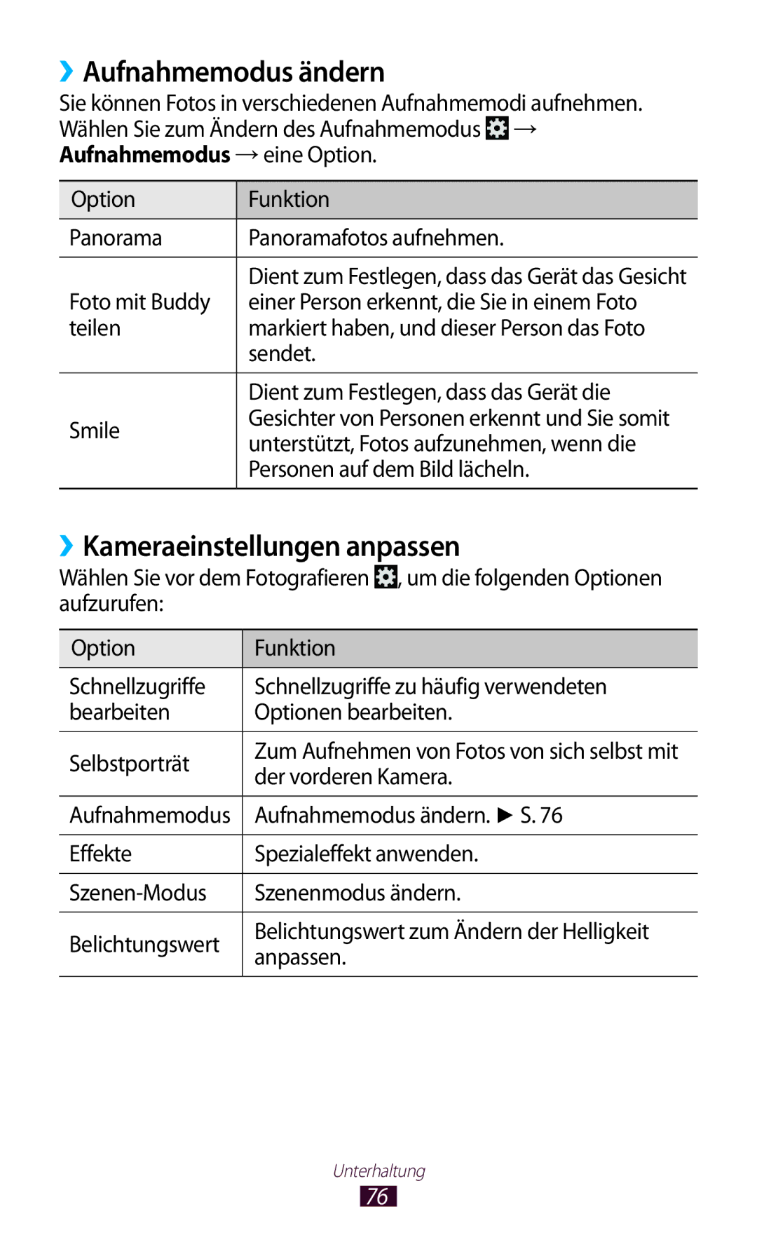 Samsung GT-P5100ZWAVD2, GT-P5100ZWEATO, GT-P5100TSEAUT manual ››Aufnahmemodus ändern, ››Kameraeinstellungen anpassen 