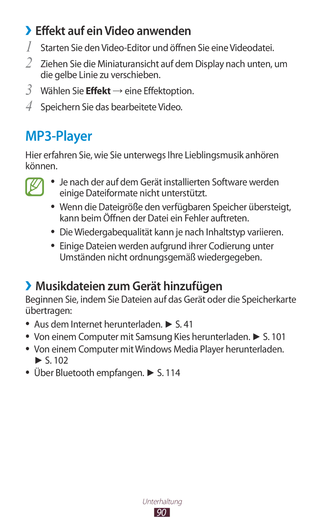 Samsung GT-P5100ZWASEB, GT-P5100ZWEATO MP3-Player, ››Effekt auf ein Video anwenden, ››Musikdateien zum Gerät hinzufügen 