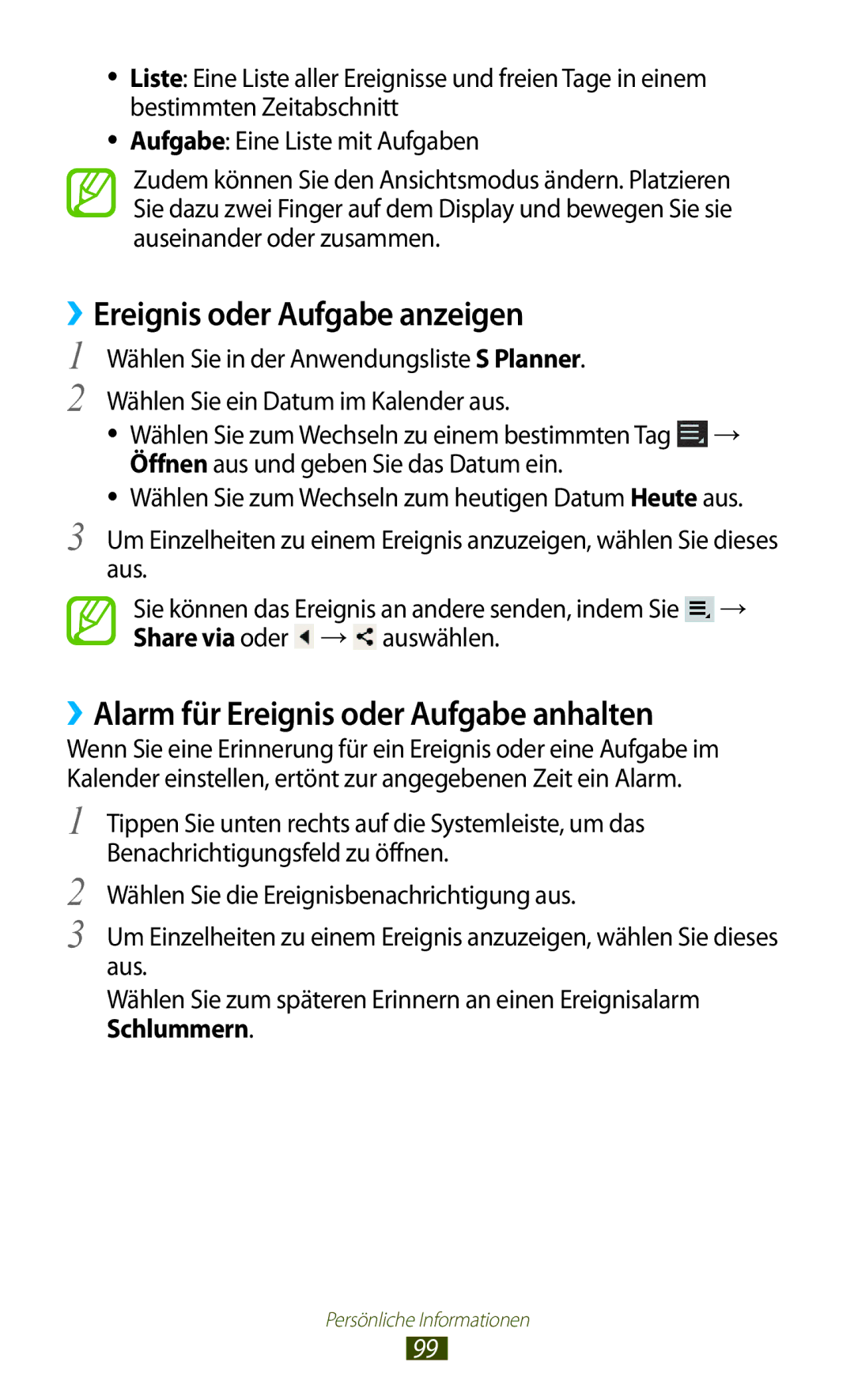 Samsung GT-P5100ZWEDBT manual ››Ereignis oder Aufgabe anzeigen, ››Alarm für Ereignis oder Aufgabe anhalten, Share via oder 