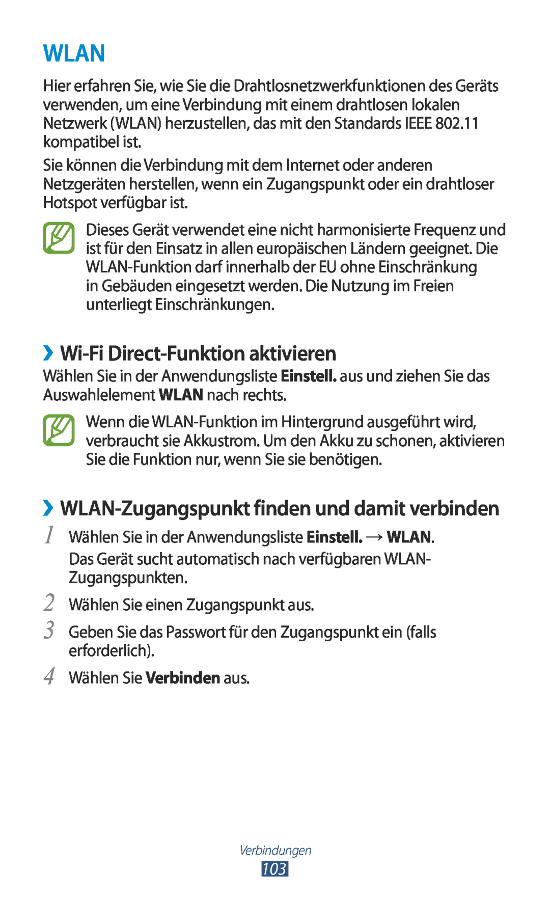 Samsung GT-P5100TSATMN manual Wlan, ››Wi-Fi Direct-Funktion aktivieren, ››WLAN-Zugangspunkt finden und damit verbinden 
