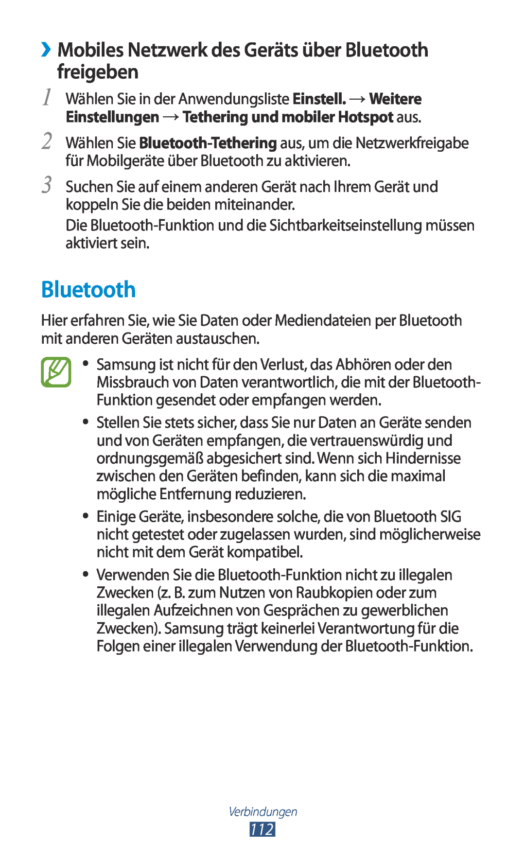 Samsung GT-P5100TSAVD2, GT-P5100ZWEATO, GT-P5100ZWAVD2 manual ››Mobiles Netzwerk des Geräts über Bluetooth freigeben 