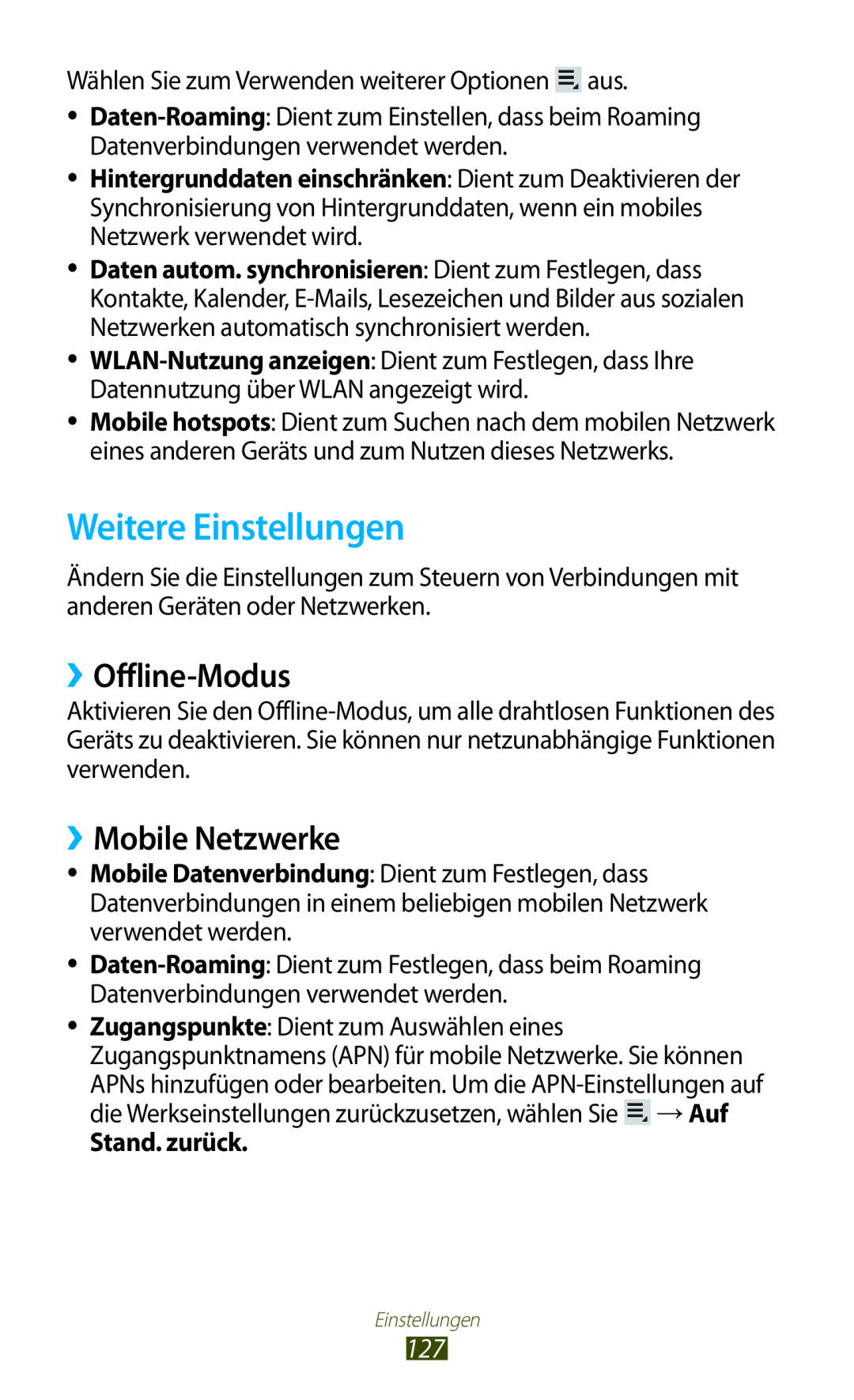 Samsung GT-P5100TSEAUT, GT-P5100ZWEATO manual Weitere Einstellungen, ››Offline-Modus, ››Mobile Netzwerke, Stand. zurück 