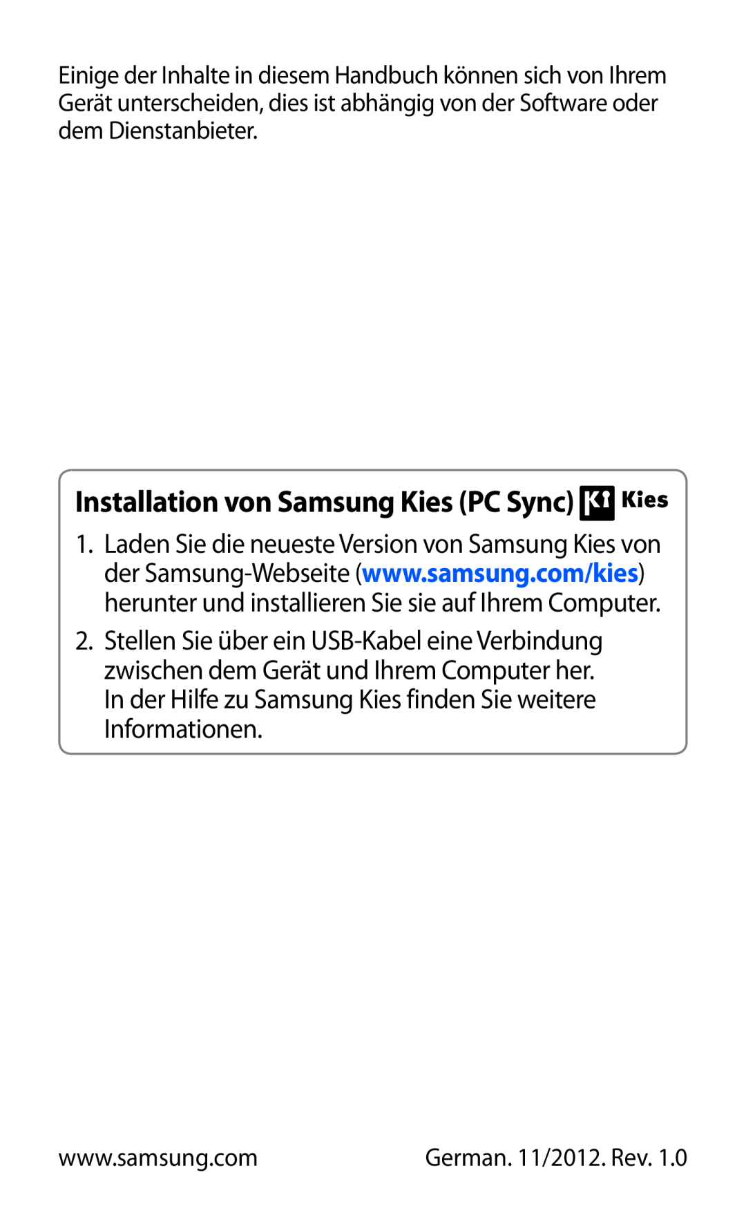 Samsung GT-P5100ZWEATO, GT-P5100ZWAVD2, GT-P5100TSEAUT manual Installation von Samsung Kies PC Sync, German. 11/2012. Rev 