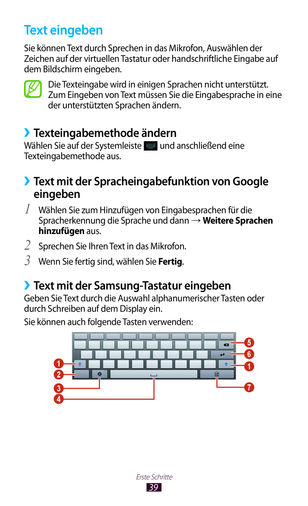 Samsung GT-P5100ZWAXEO manual Text eingeben, ››Texteingabemethode ändern, ››Text mit der Samsung-Tastatur eingeben 