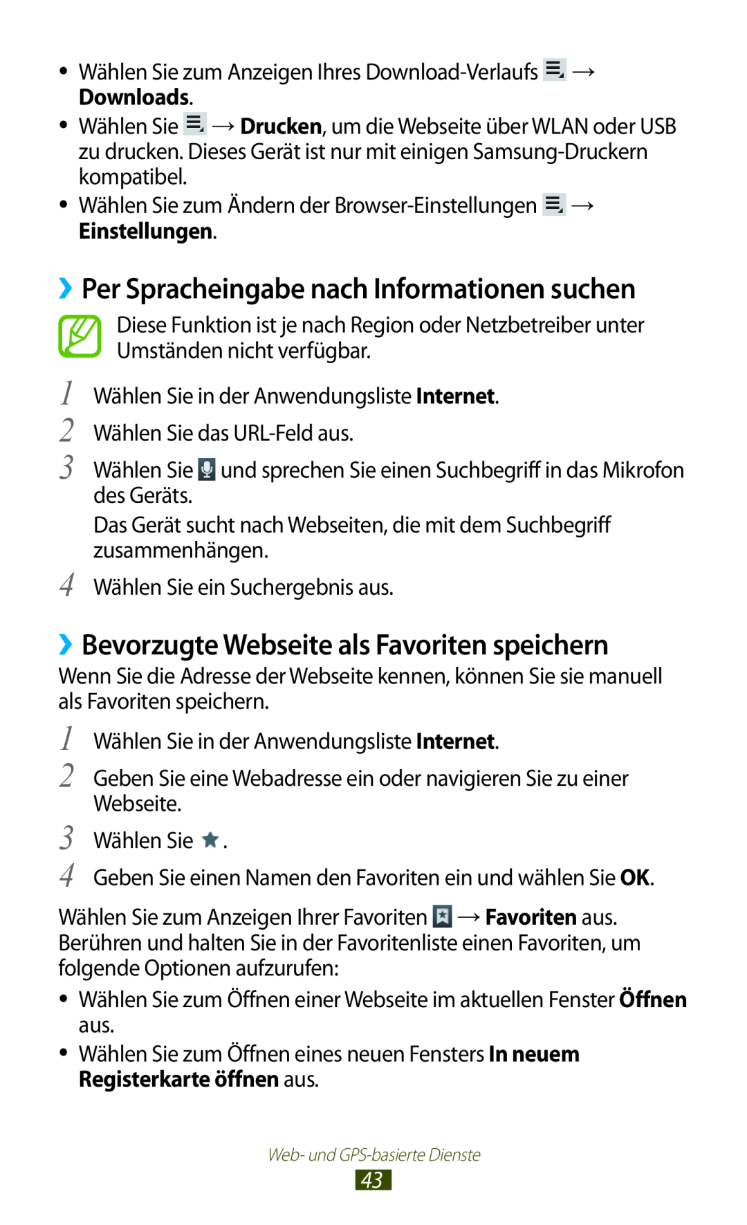 Samsung GT-P5100TSAMAX manual ››Bevorzugte Webseite als Favoriten speichern, ››Per Spracheingabe nach Informationen suchen 