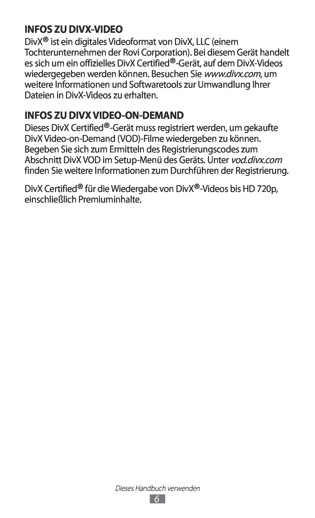 Samsung GT-P5100TSAEUR, GT-P5100ZWEATO, GT-P5100ZWAVD2, GT-P5100TSEAUT Infos Zu Divx-Video, Infos Zu Divx Video-On-Demand 