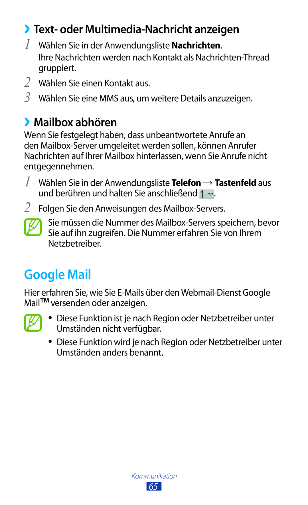 Samsung GT-P5100ZWASEB, GT-P5100ZWEATO manual Google Mail, ››Text- oder Multimedia-Nachricht anzeigen, ››Mailbox abhören 