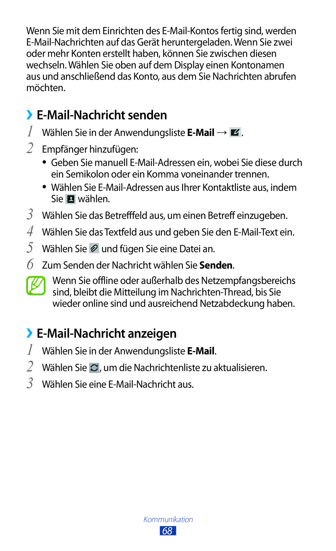 Samsung GT-P5100TSAMAX, GT-P5100ZWEATO, GT-P5100ZWAVD2 manual ››E-Mail-Nachricht anzeigen, ››E-Mail-Nachricht senden 