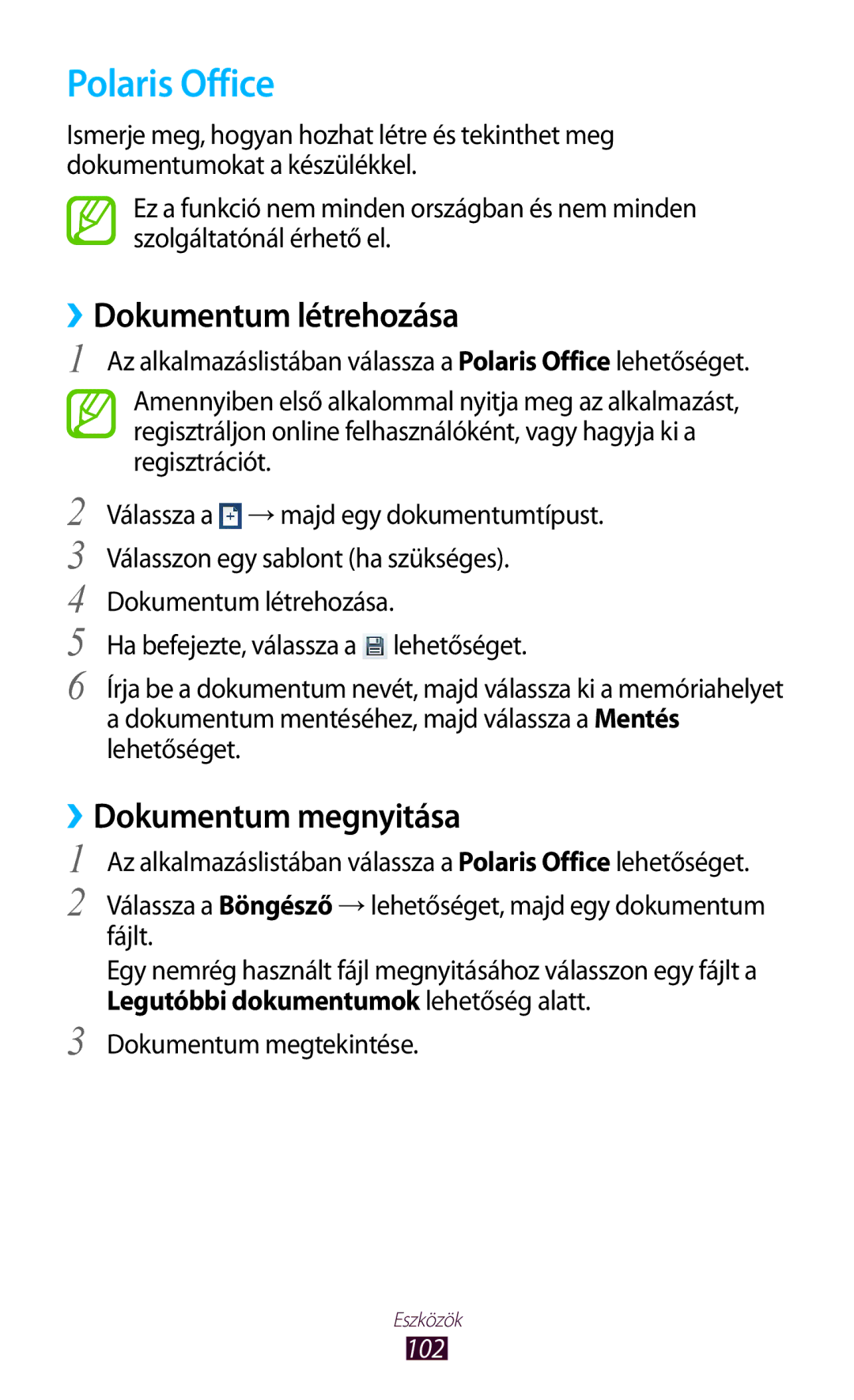 Samsung GT-P5110GRAATO manual Polaris Office, ››Dokumentum létrehozása, ››Dokumentum megnyitása, Dokumentum megtekintése 