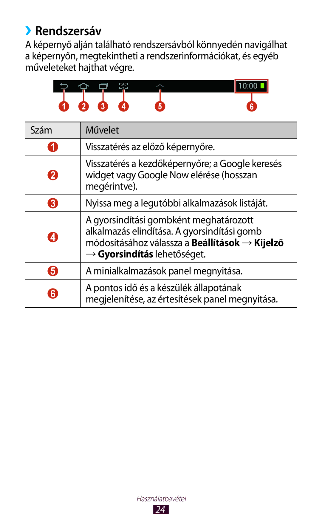 Samsung GT-P5110ZWABGL, GT-P5110GRAATO manual ››Rendszersáv, →Gyorsindítás lehetőséget Minialkalmazások panel megnyitása 