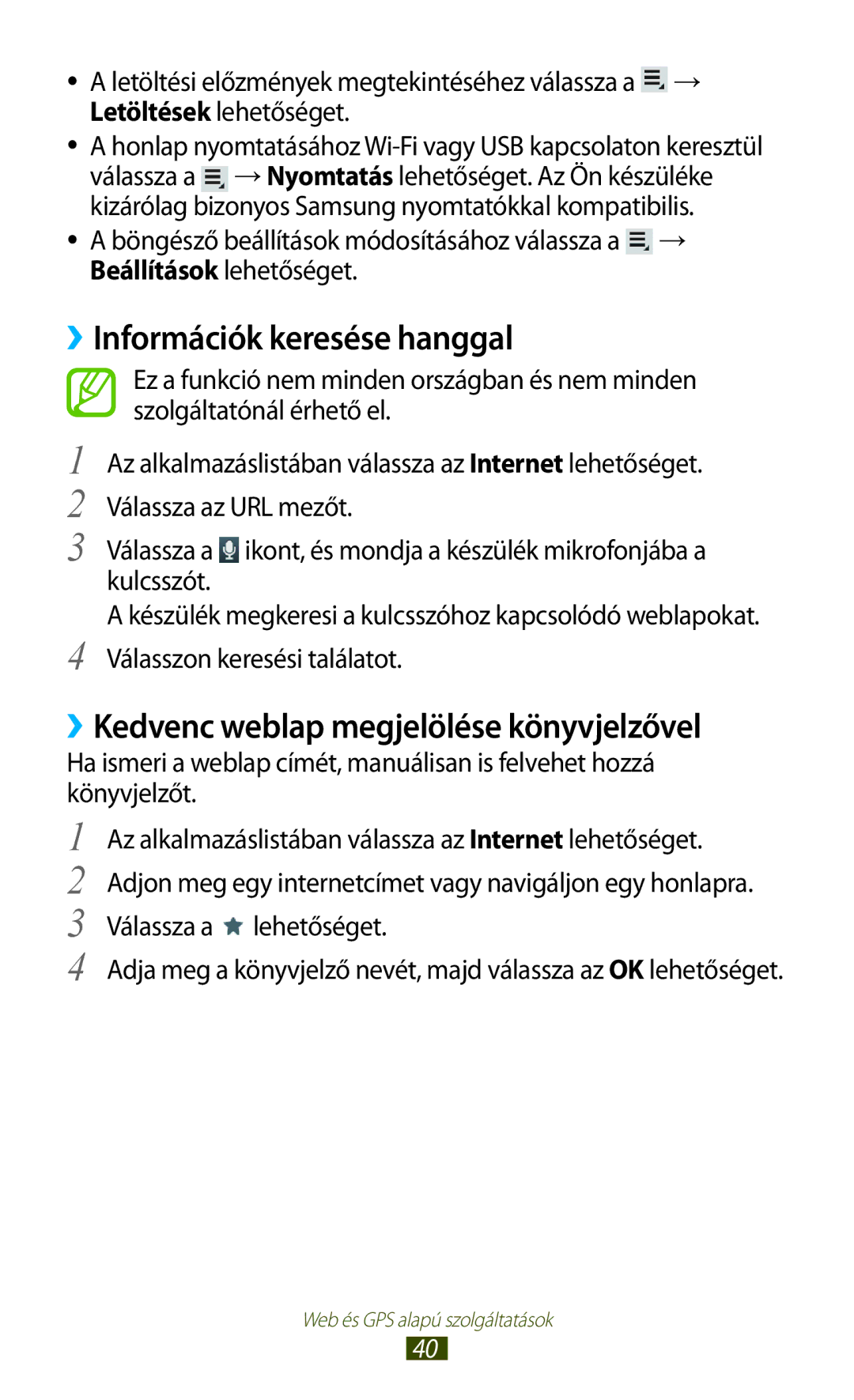 Samsung GT-P5110TSAAUT, GT-P5110GRAATO manual ››Információk keresése hanggal, ››Kedvenc weblap megjelölése könyvjelzővel 