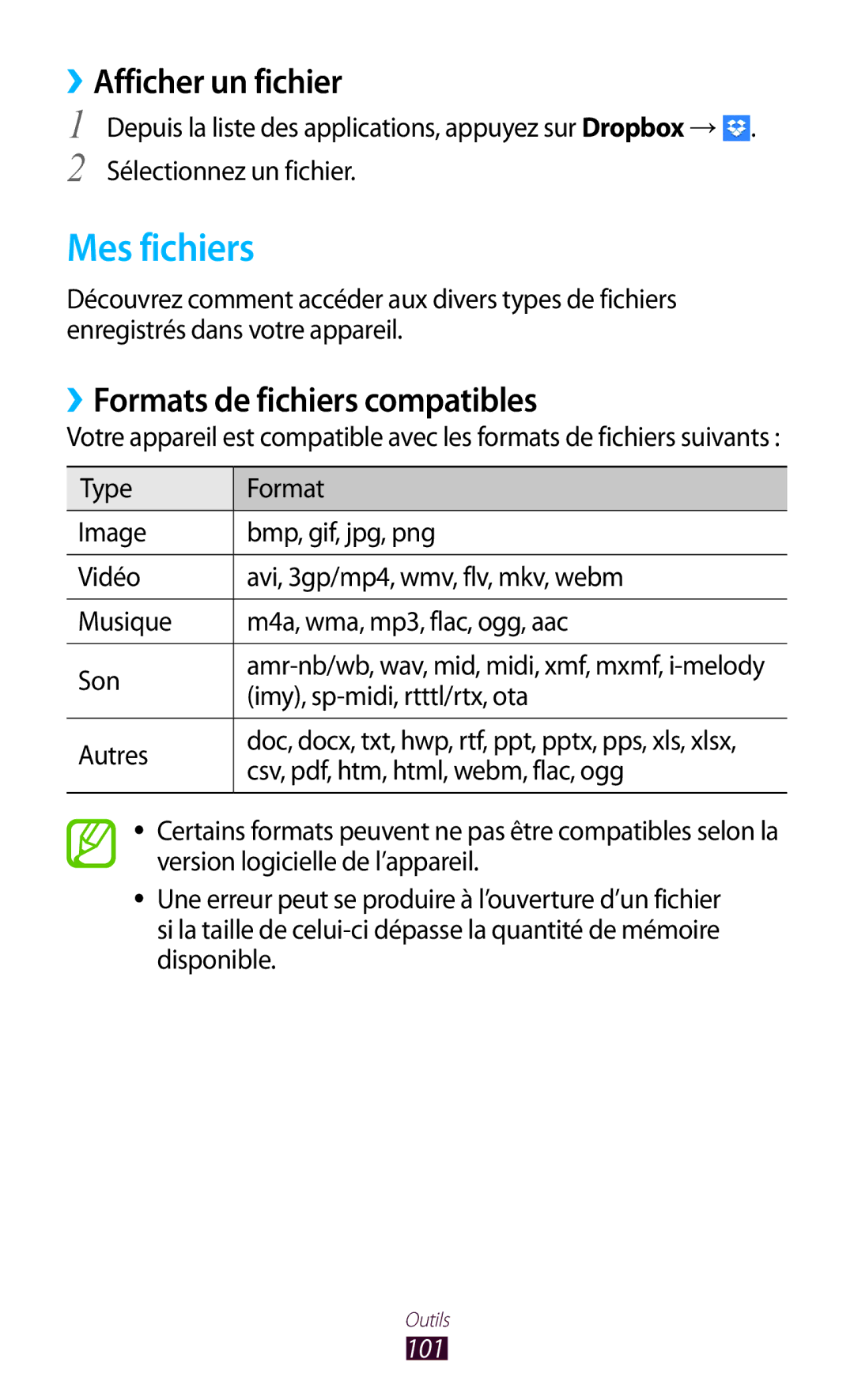 Samsung GT-P5110TSEXEF, GT-P5110TSABOG manual Mes fichiers, ››Afficher un fichier, ››Formats de fichiers compatibles, Autres 