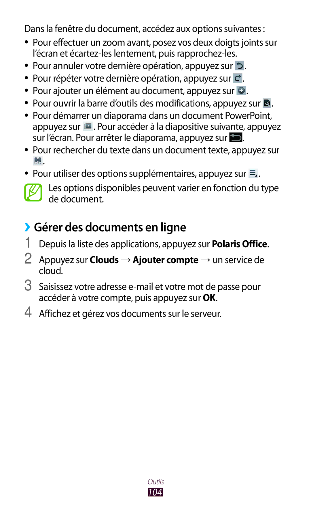 Samsung GT-P5110TSABOG manual ››Gérer des documents en ligne, Dans la fenêtre du document, accédez aux options suivantes 