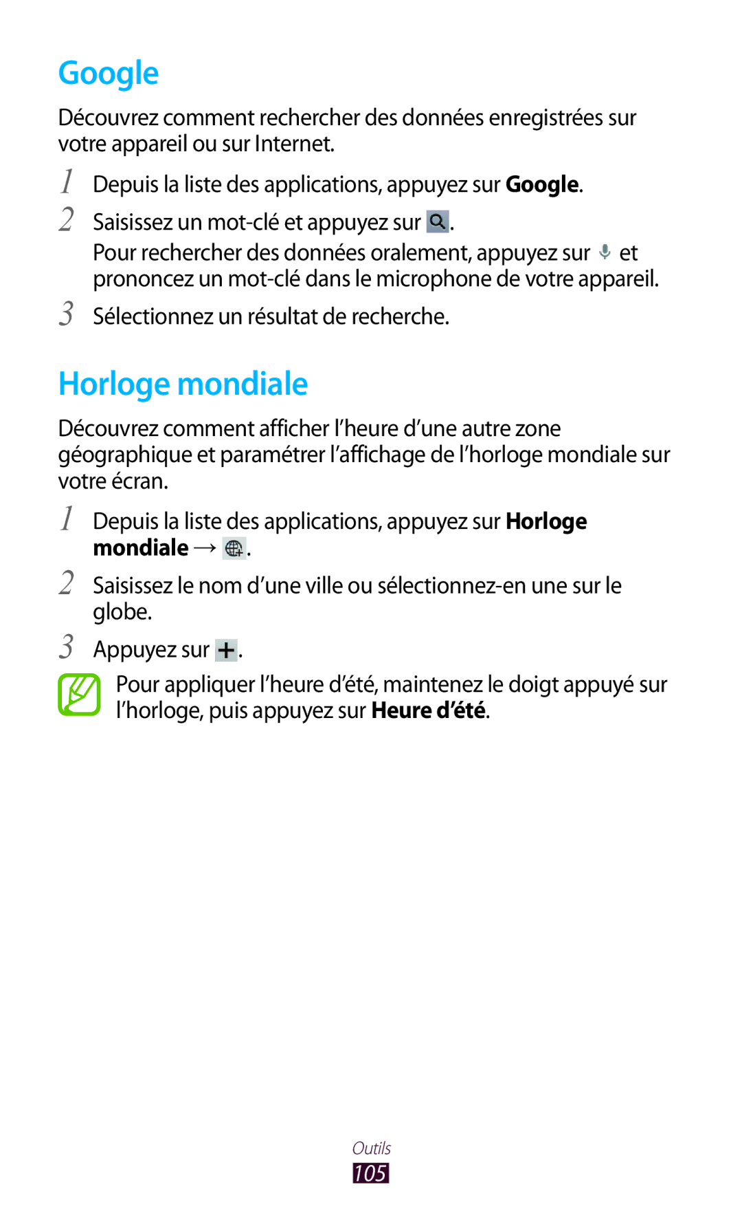 Samsung GT-P5110ZWEXEF, GT-P5110TSABOG, GT-P5110TSASFR manual Google, Horloge mondiale, Sélectionnez un résultat de recherche 