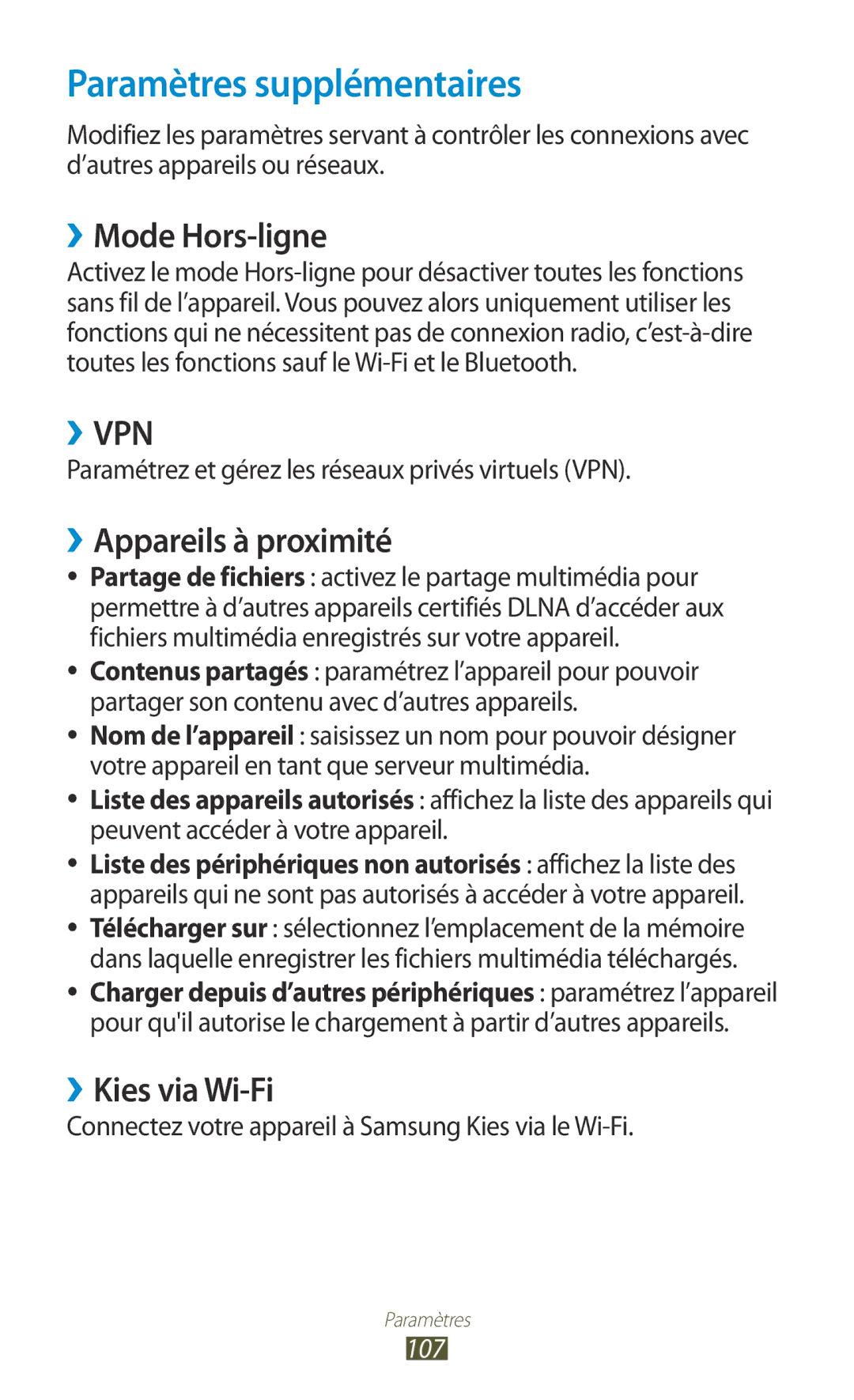 Samsung GT-P5110GRAXEF manual Paramètres supplémentaires, ››Mode Hors-ligne, ››Appareils à proximité, ››Kies via Wi-Fi 