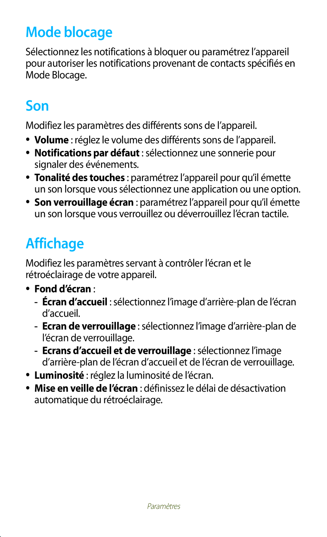 Samsung GT-P5110ZWAXEF manual Mode blocage, Son, Affichage, Fond d’écran, Luminosité réglez la luminosité de l’écran 