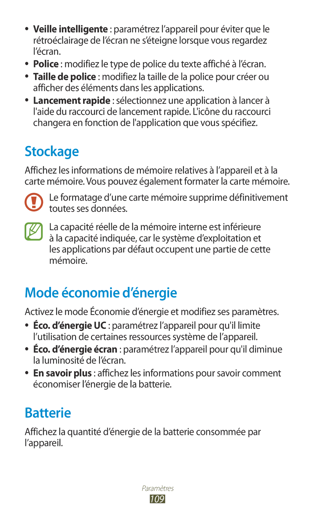 Samsung GT-P5110TSEXEF, GT-P5110TSABOG, GT-P5110ZWEXEF, GT-P5110TSASFR manual Stockage, Mode économie d’énergie, Batterie 