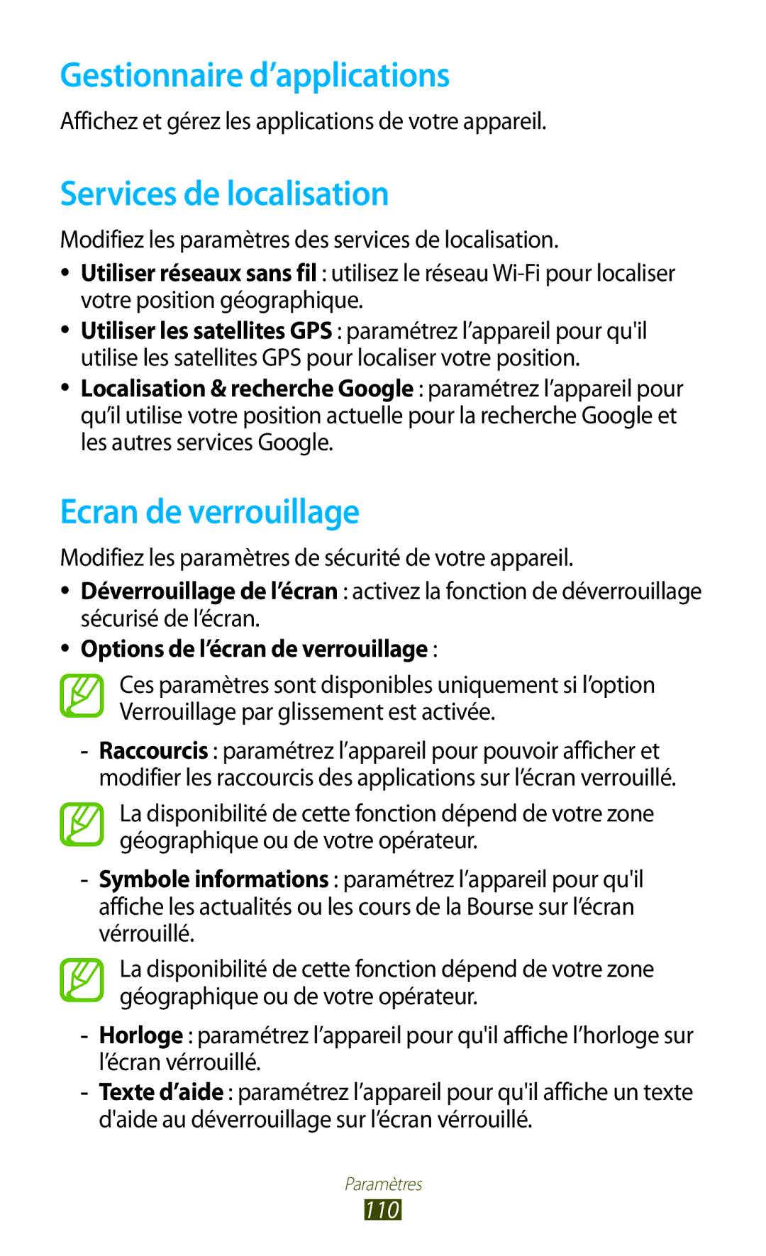 Samsung GT-P5110TSAFTM, GT-P5110TSABOG manual Gestionnaire d’applications, Services de localisation, Ecran de verrouillage 