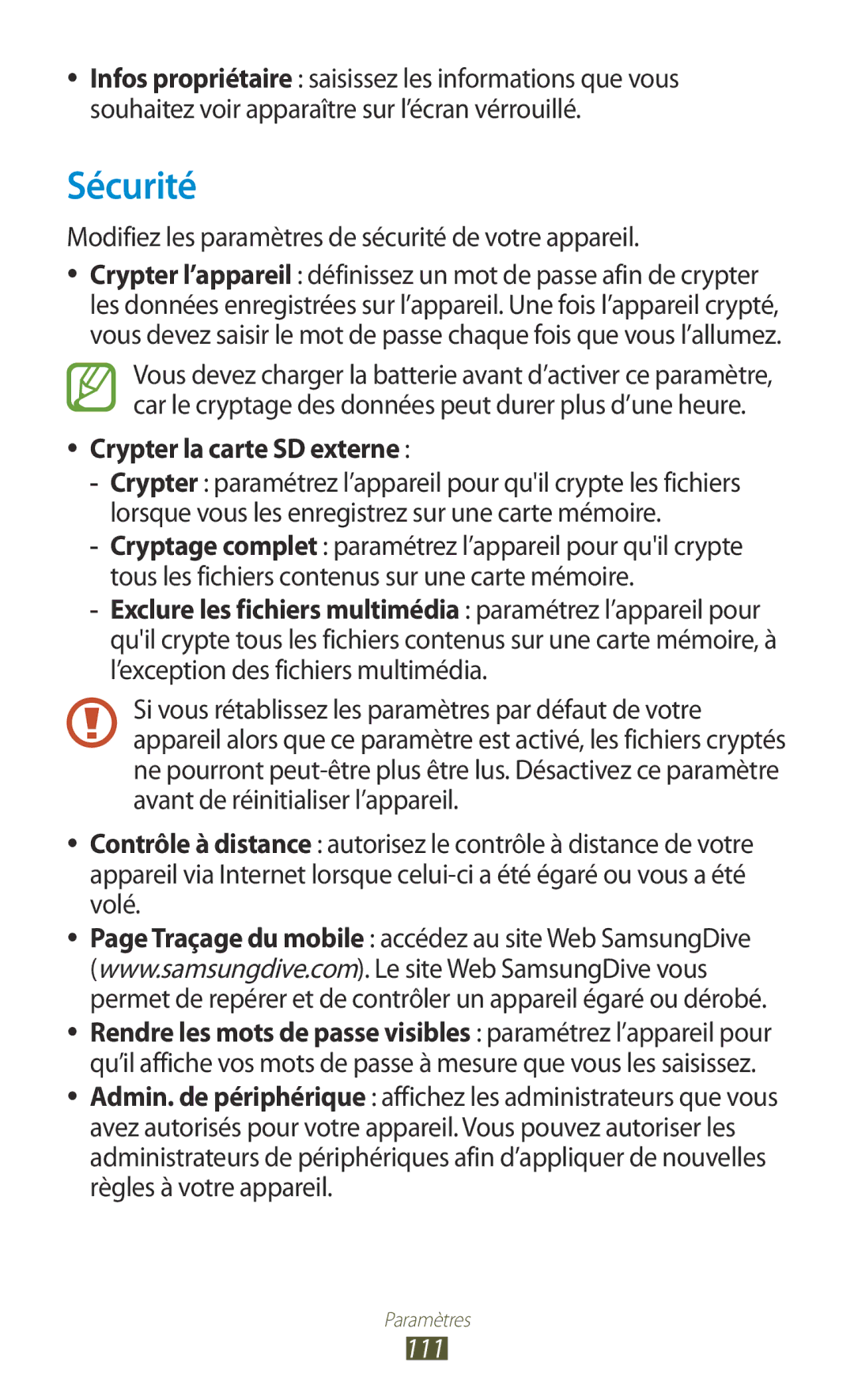 Samsung GT-P5110TSAXEF, GT-P5110TSABOG, GT-P5110ZWEXEF, GT-P5110TSASFR, GT-P5110GRAXEF Sécurité, Crypter la carte SD externe 