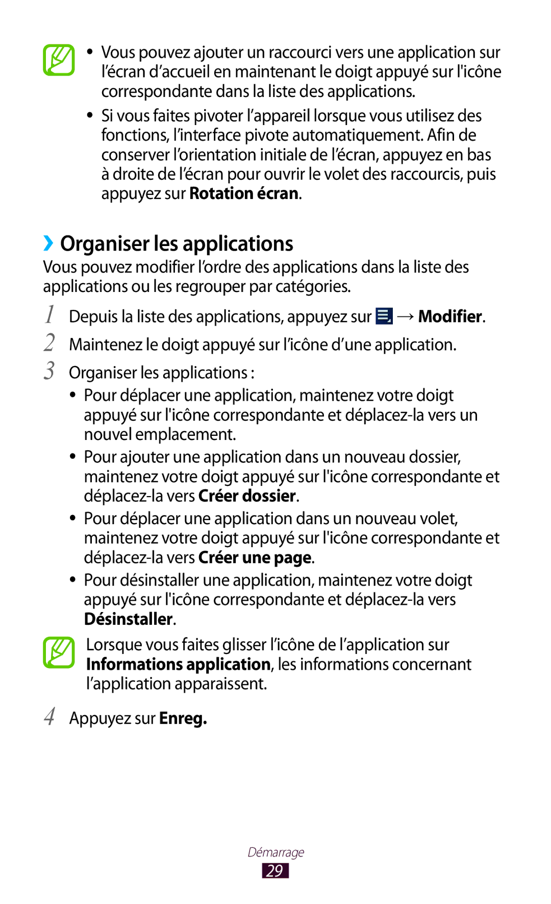 Samsung GT-P5110TSEXEF, GT-P5110TSABOG, GT-P5110ZWEXEF, GT-P5110TSASFR, GT-P5110GRAXEF manual ››Organiser les applications 