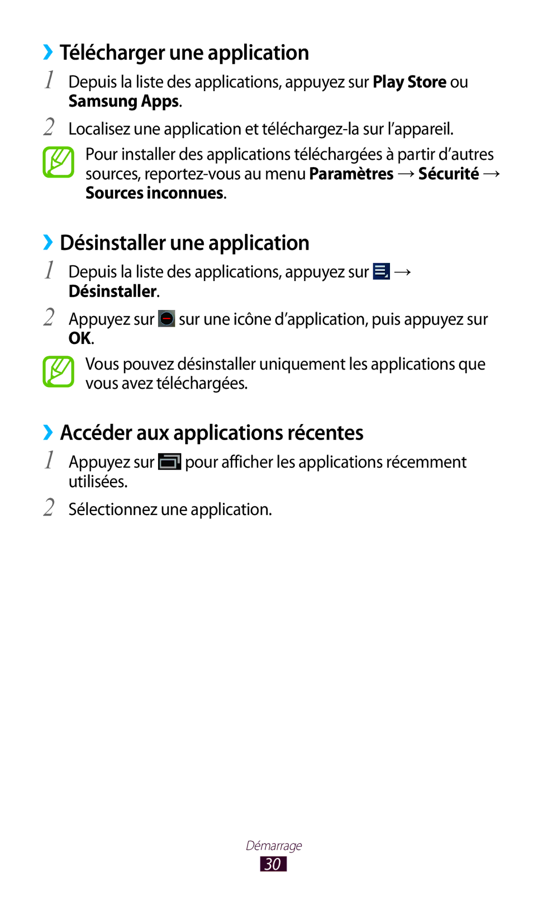 Samsung GT-P5110TSAFTM ››Télécharger une application, Désinstaller une application, ››Accéder aux applications récentes 